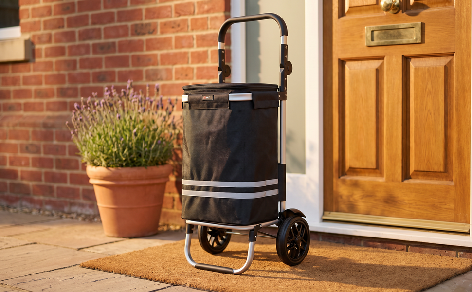 Ezzyrol 74L 2-wheel folding shopping trolley in black standing beside a front door