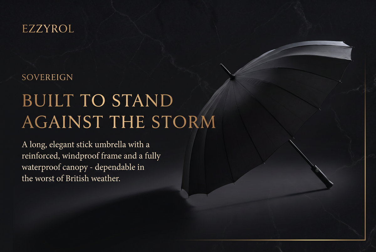 Ezzyrol Sovereign, built to stand against the storm: a long stick umbrella with a reinforced windproof frame and a fully waterproof canopy