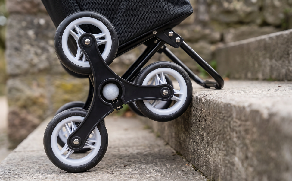 Close-up of the three wheel cluster rotating up over a stone step