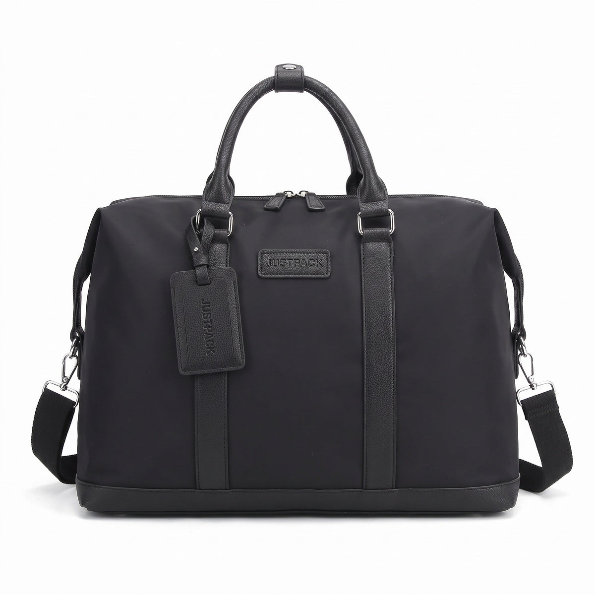 JustPack Mayfair weekender bag in black with its leather trim, luggage tag and shoulder strap