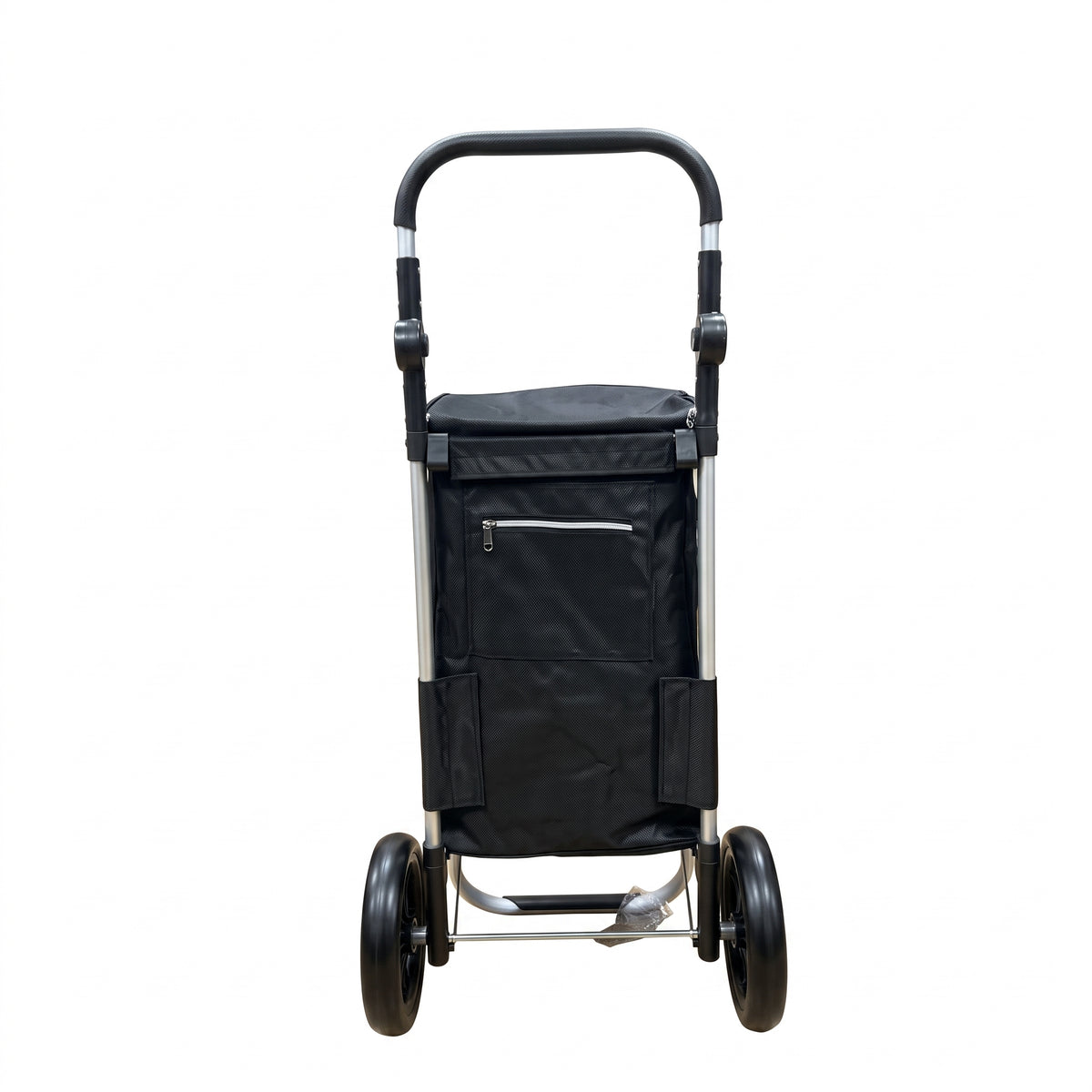 Ezzyrol 74L 2-wheel folding shopping trolley in black seen from the front with the handle raised