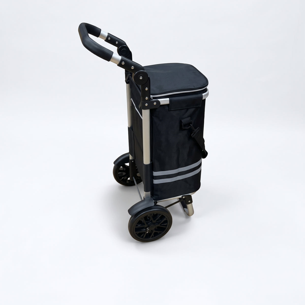 Ezzyrol 74L 2-wheel folding shopping trolley in black, angled from behind showing the two large spoked wheels