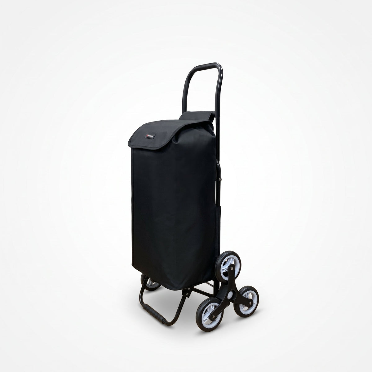 Ezzyrol 74L 6-wheel stair climber shopping trolley in black seen from behind, three quarter view