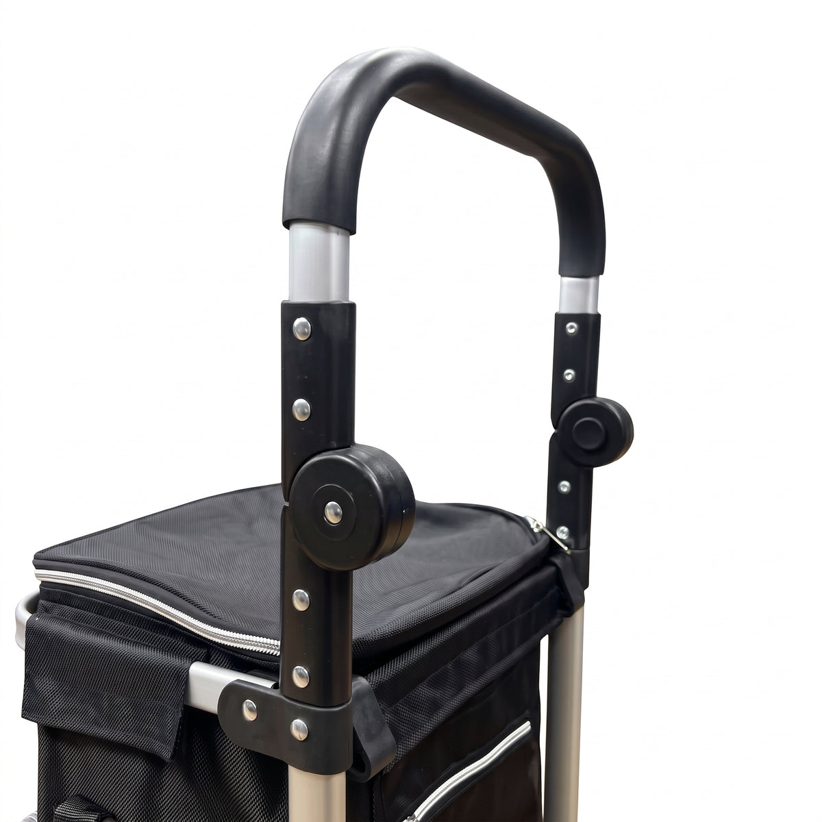 Close-up of the padded grip and height adjustment clamps on the black Ezzyrol 74L trolley