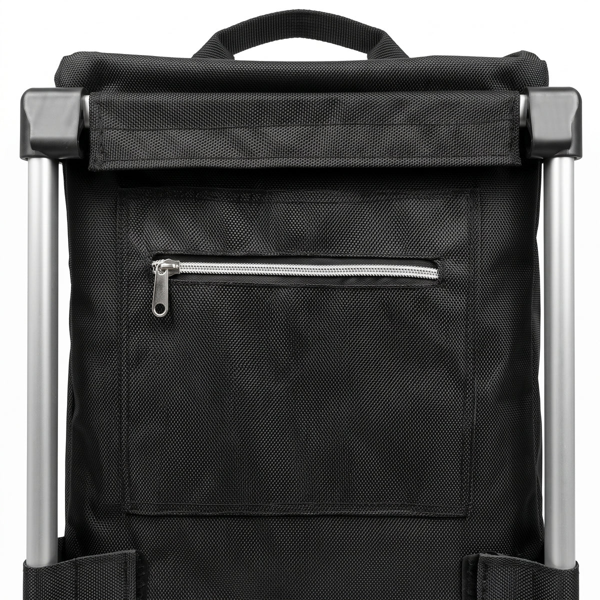 Zipped rear pocket and top carry handle on the black Ezzyrol 74L shopping trolley