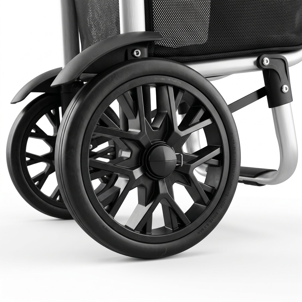 Close-up of the two large spoked wheels on the Ezzyrol 74L shopping trolley
