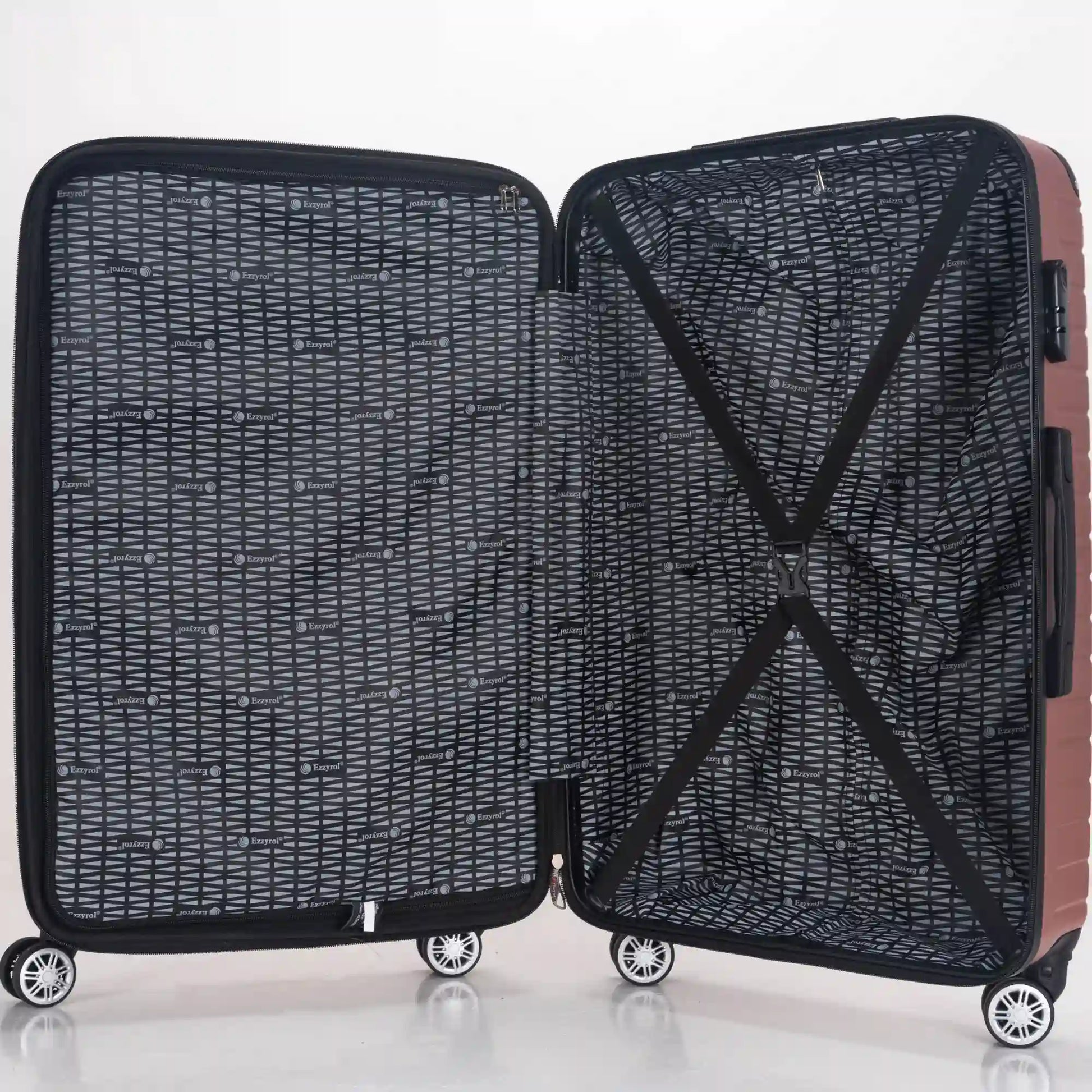 Open suitcase with a patterned interior on a white background