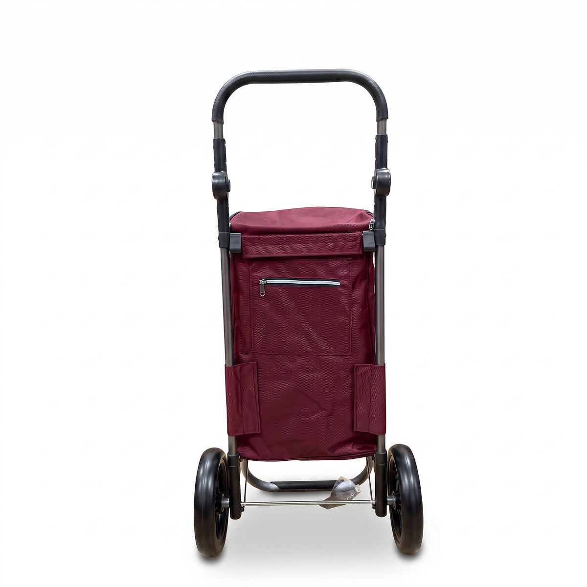 Ezzyrol 74L 2-wheel folding shopping trolley in burgundy seen from the front with the handle raised