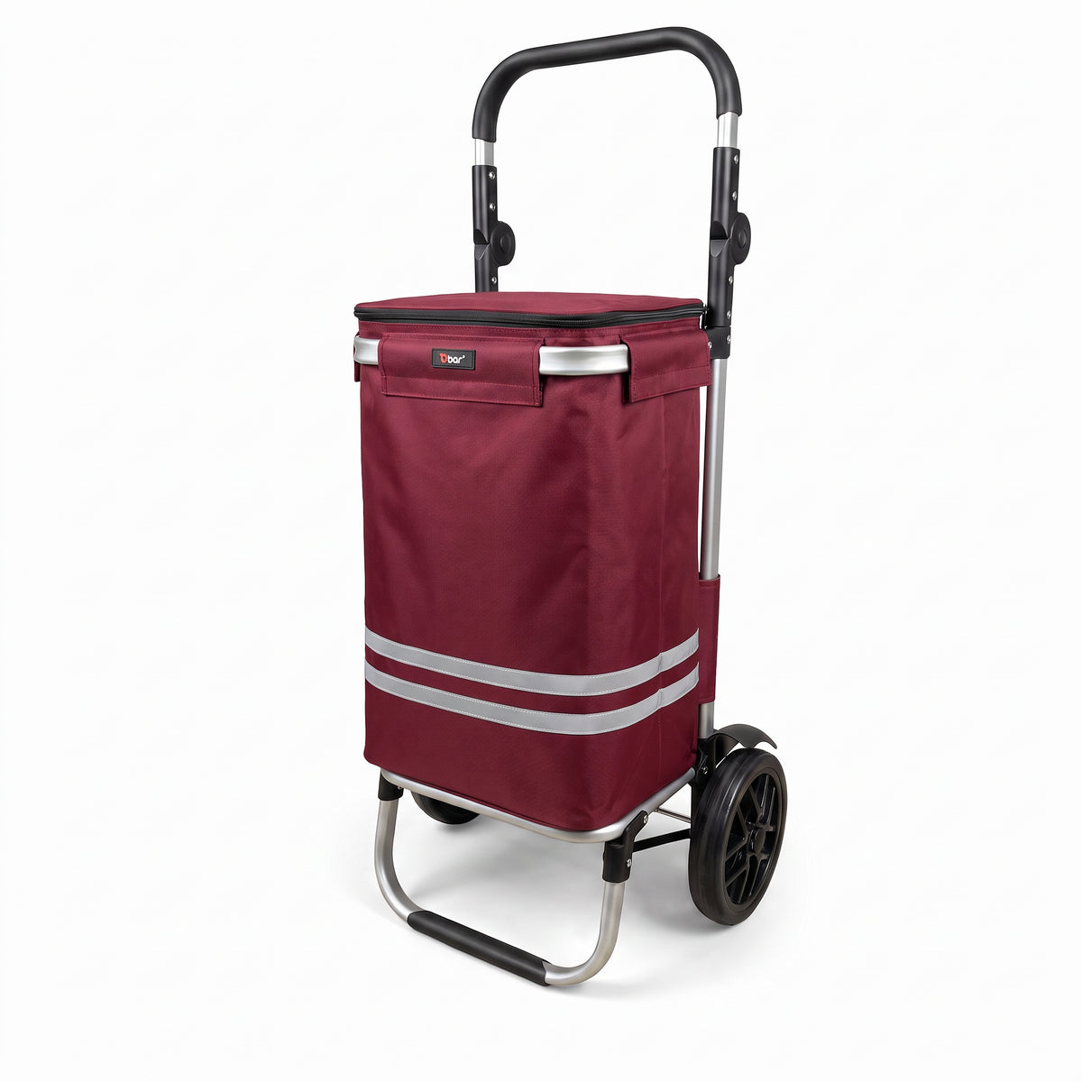 Ezzyrol 74L 2-wheel folding shopping trolley in burgundy, upright with the handle extended