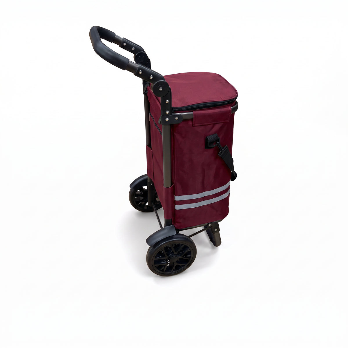 Ezzyrol 74L 2-wheel folding shopping trolley in burgundy, angled from behind showing the two large spoked wheels