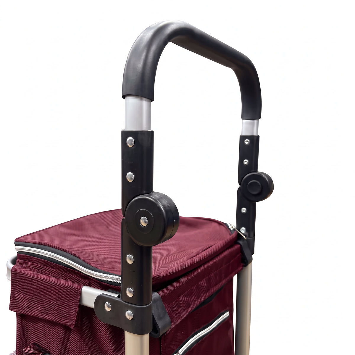 Close-up of the padded grip and height adjustment clamps on the burgundy Ezzyrol 74L trolley