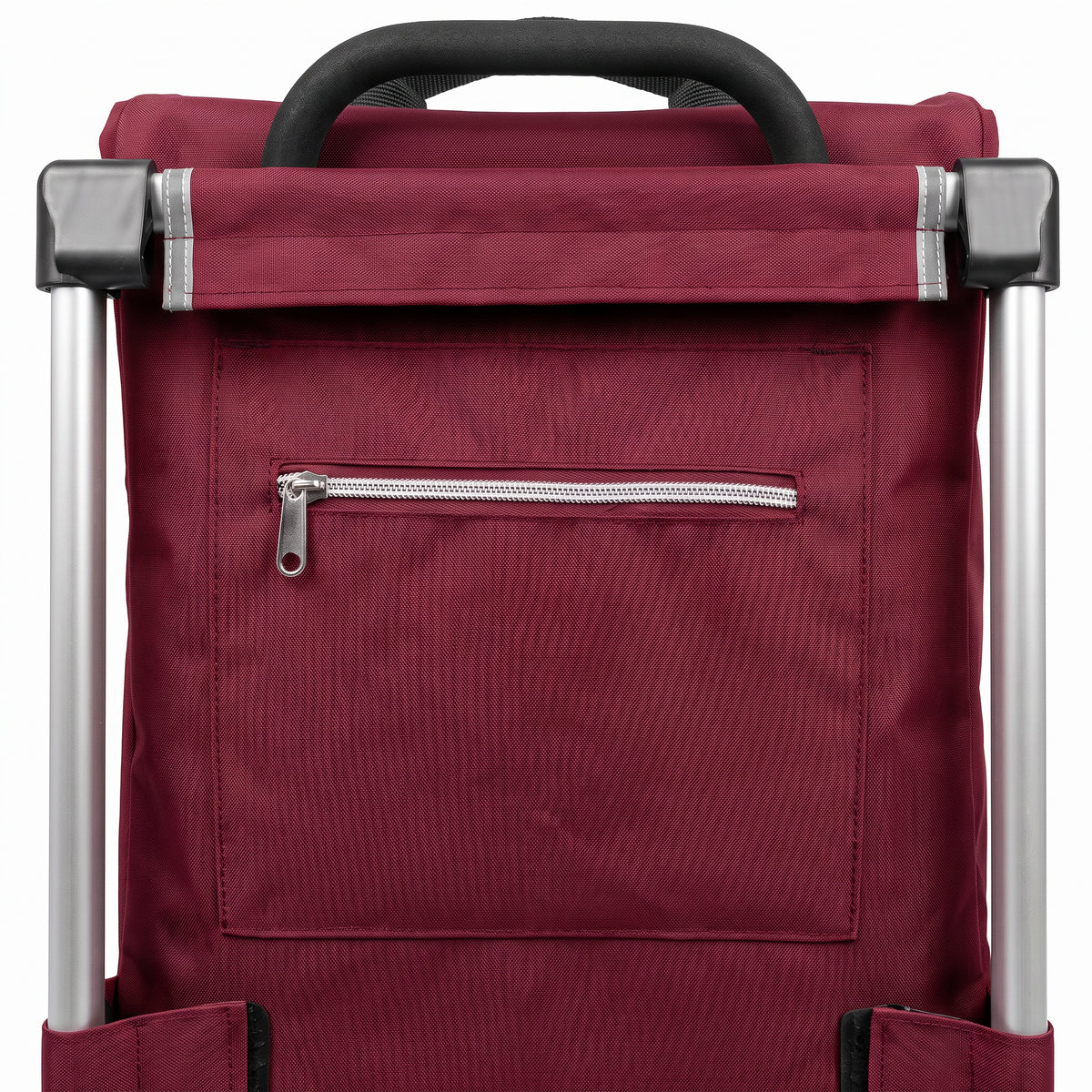 Zipped rear pocket and top carry handle on the burgundy Ezzyrol 74L shopping trolley