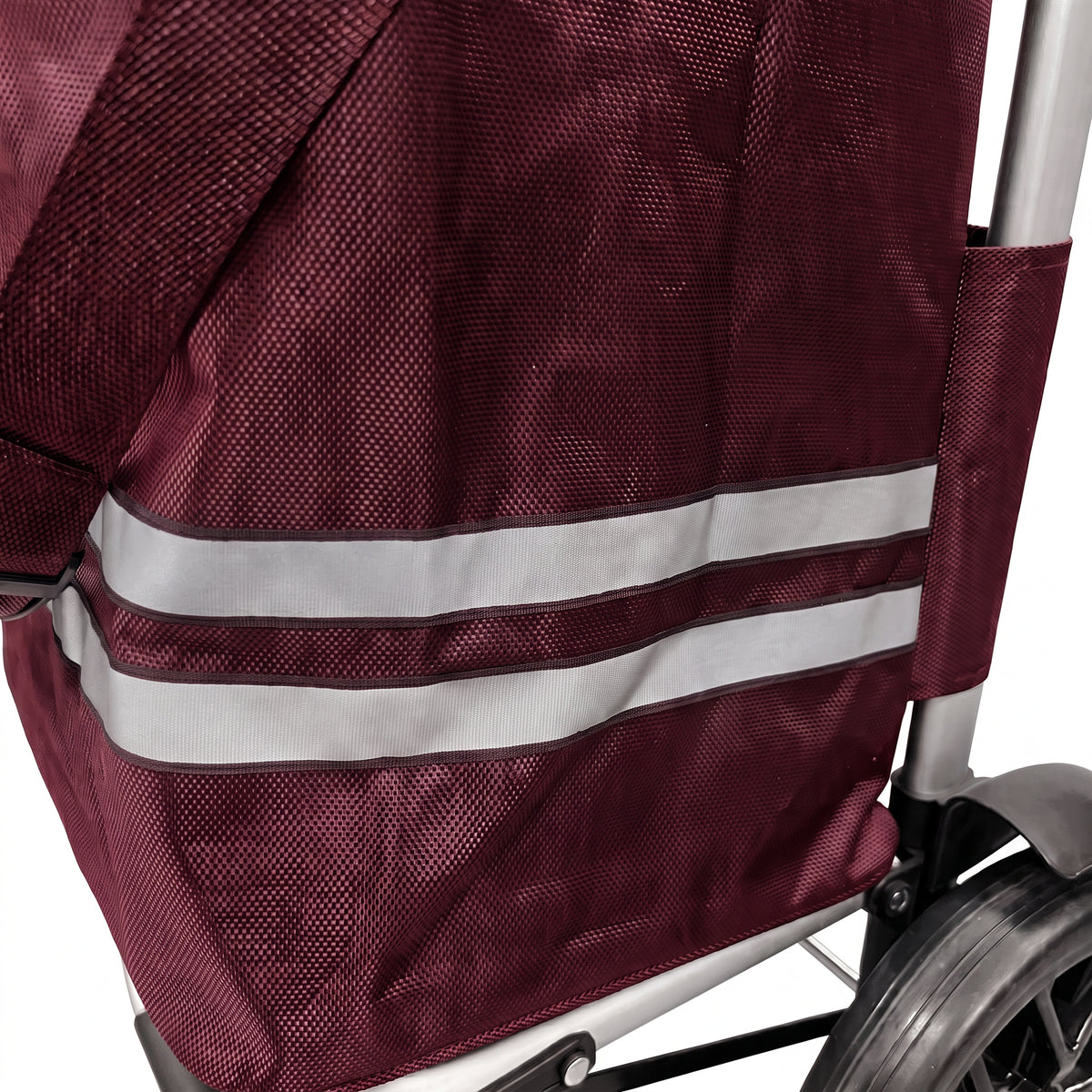 Close-up of the reflective stripes and mesh side panel on the burgundy Ezzyrol trolley