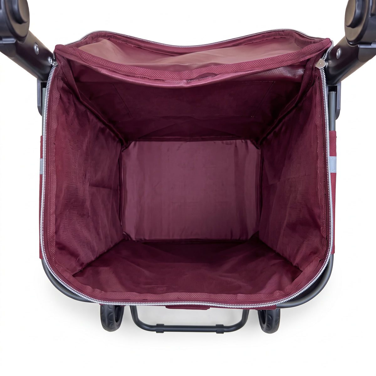 Inside the empty main compartment of the Ezzyrol 74L shopping trolley, burgundy lining