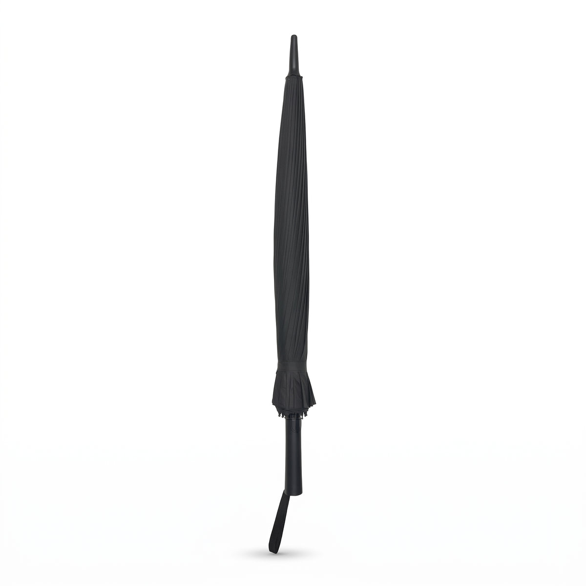 Ezzyrol Sovereign long stick umbrella in black, closed and strapped, full length
