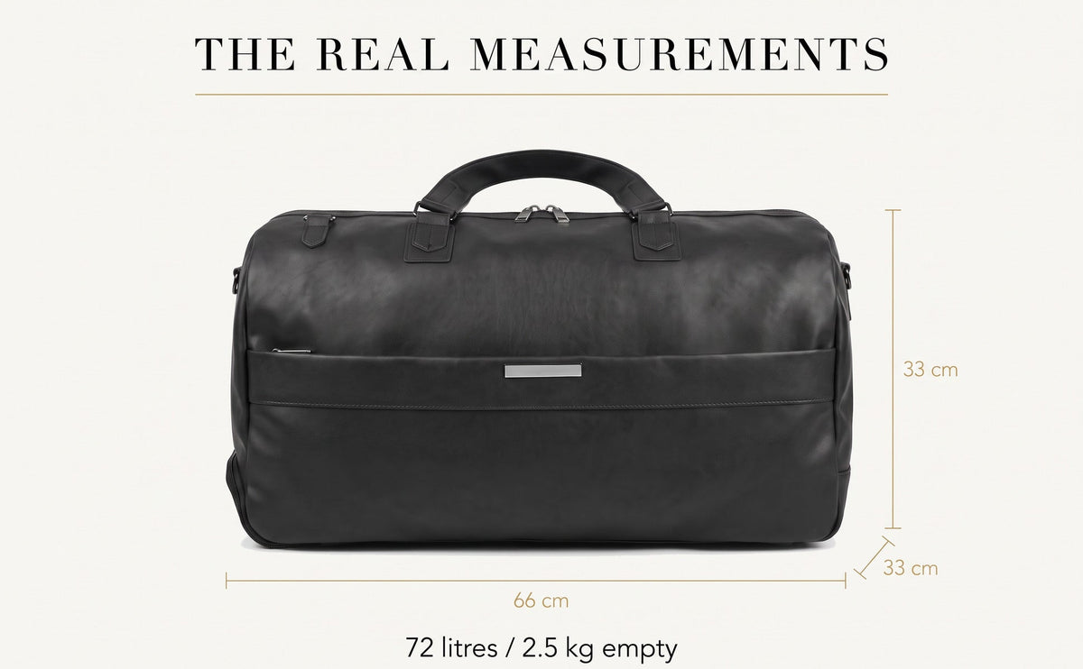 Measurements of the JUSTPACK Belgrave wheeled holdall in black faux leather: 66 cm long, 33 cm wide, 33 cm deep, about 72 litres, 2.5 kg empty