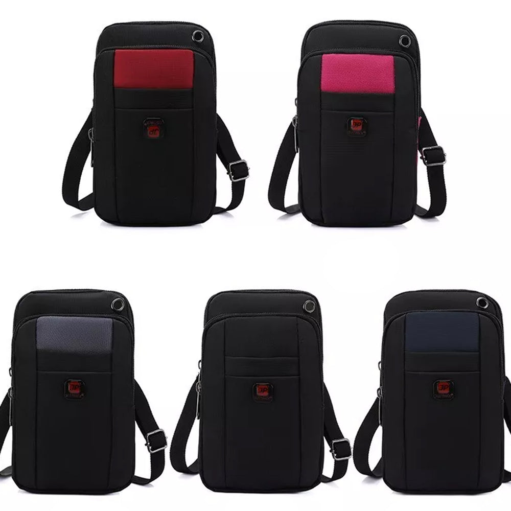Compact utility crossbody bag shown in five colourways, red, pink, olive, black and navy
