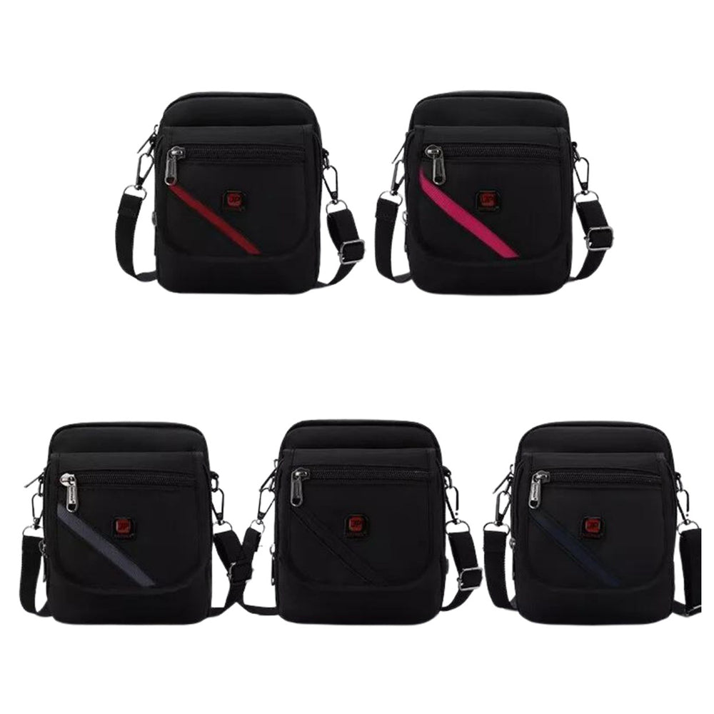 Slimline urban shoulder bag shown in five colourways, with a diagonal zip pocket on the front