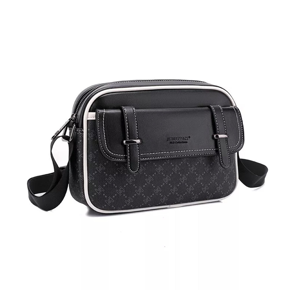 Black crossbody bag with white accents on a white background