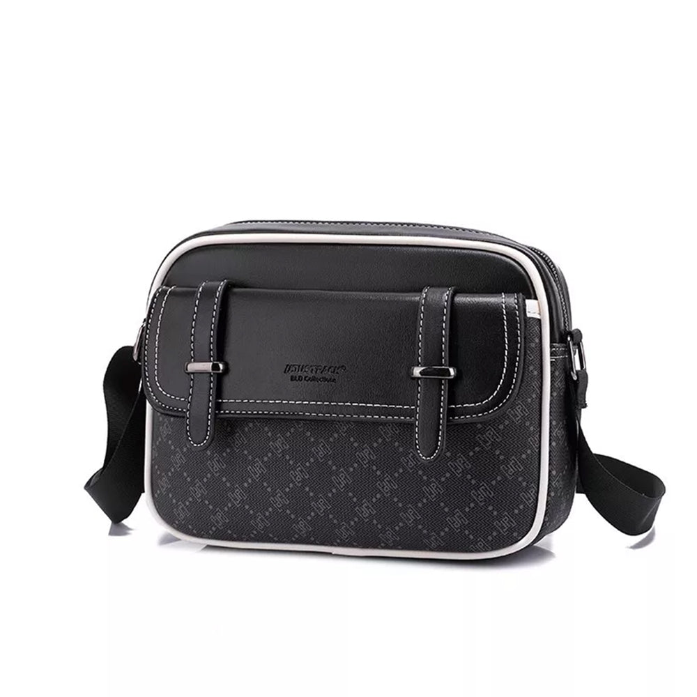 Classic crossbody bag in black with a monogram print, front view with the shoulder strap fitted