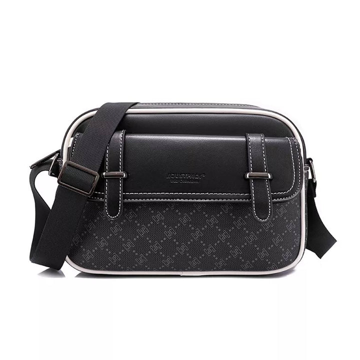Black patterned shoulder bag with visible brand logo on a white background