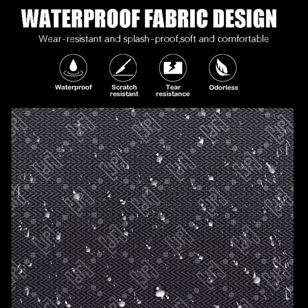 Water droplets beading on the crossbody bag fabric, described by the maker as waterproof, scratch resistant, tear resistant and odourless