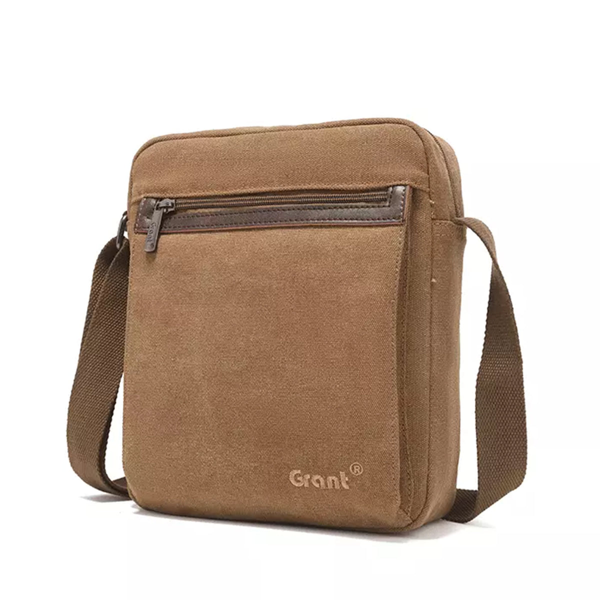 Grant compact canvas crossbody bag in tan canvas, front view with the shoulder strap