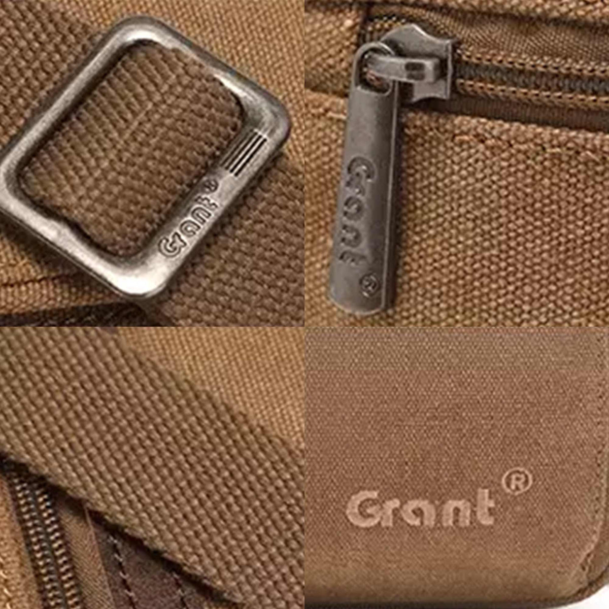Close-up details of the Grant crossbody bag: the stamped zip pull, the strap slider and the printed logo
