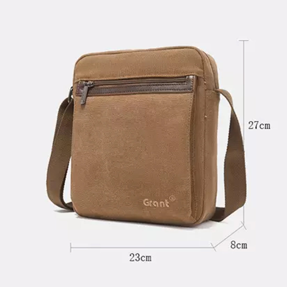 Grant compact canvas crossbody bag dimension diagram, 23 cm wide by 27 cm tall by 8 cm deep