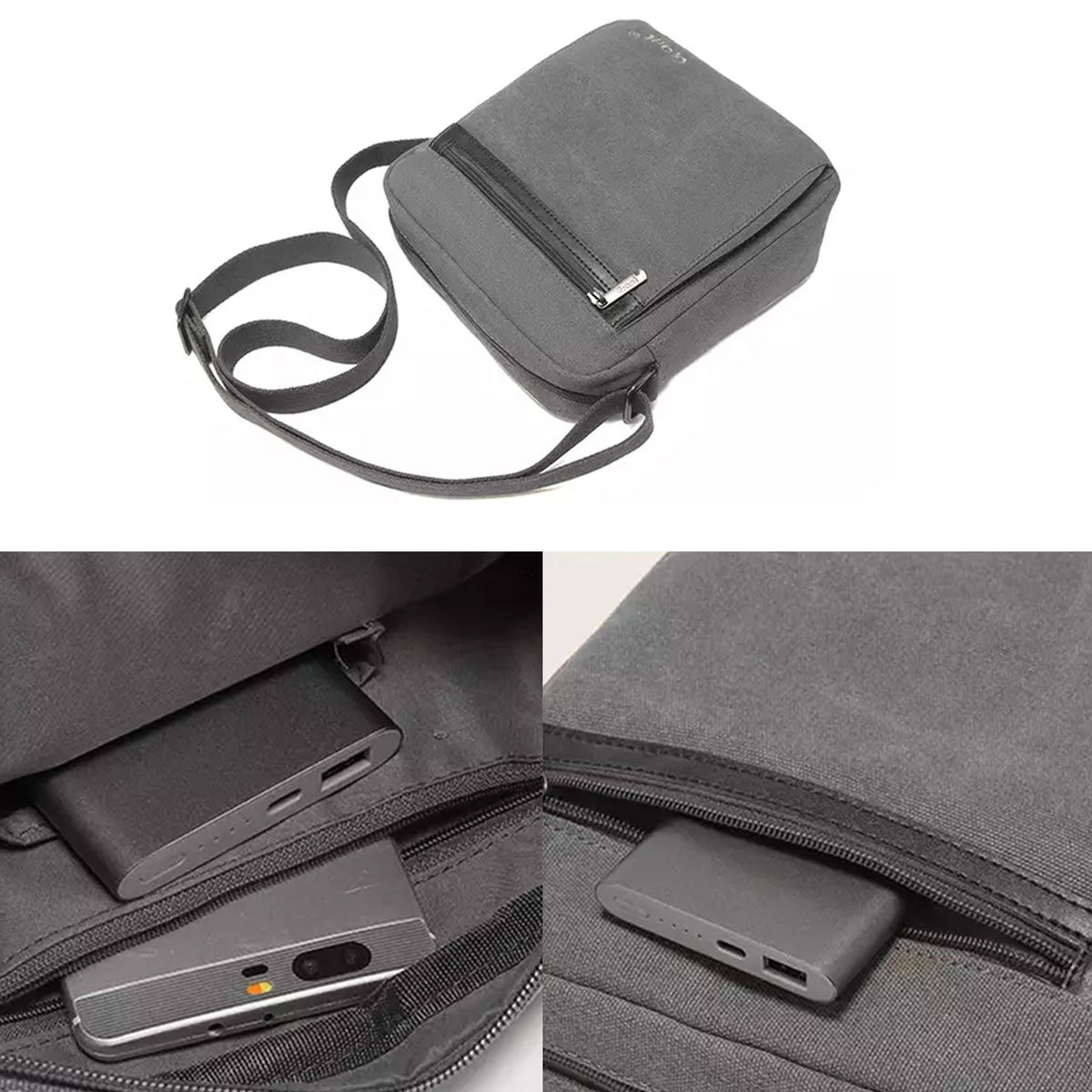 Grant compact canvas crossbody bag in grey canvas with its strap, shown with two close-ups of the pockets
