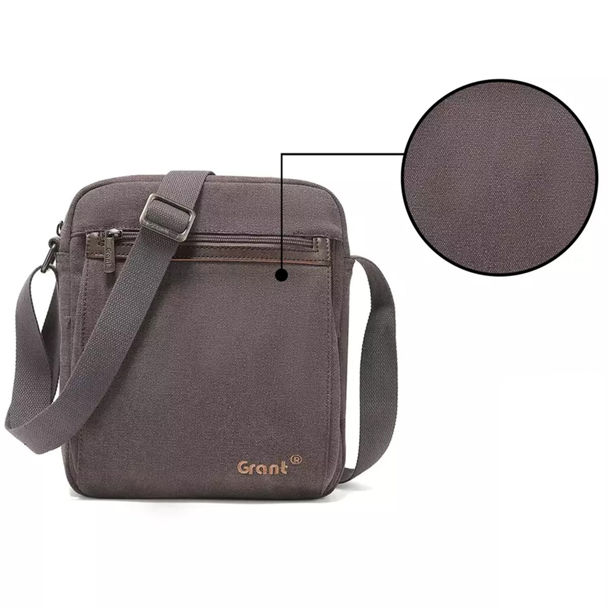 Grant compact canvas crossbody bag in grey canvas with an inset close-up of the canvas weave