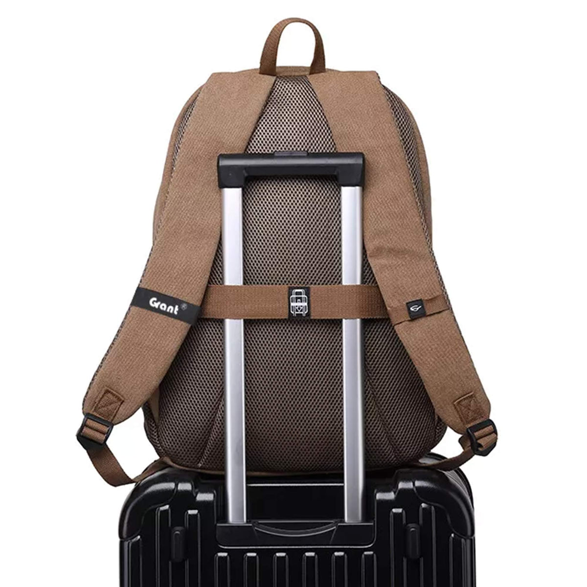 Grant laptop backpack in brown canvas, back panel with the trolley strap slid over a suitcase handle