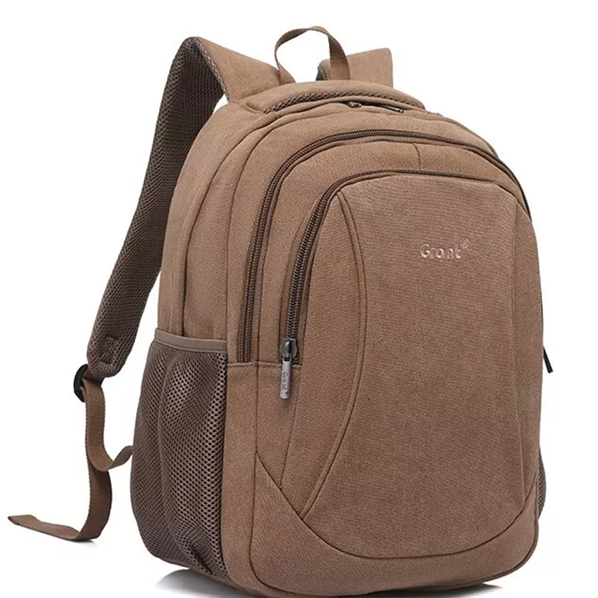 Grant laptop backpack in brown canvas, three quarter view showing the mesh side pocket