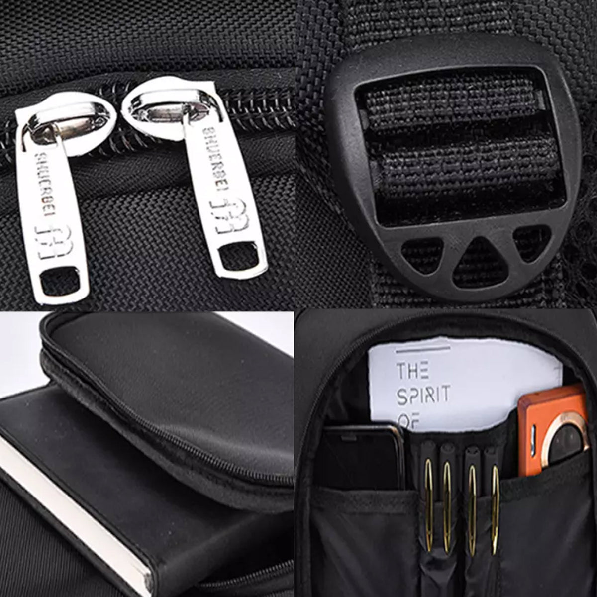 Detail crops of the Grant backpack: the metal zip pulls, the strap adjuster, the padded laptop sleeve and the organiser pocket