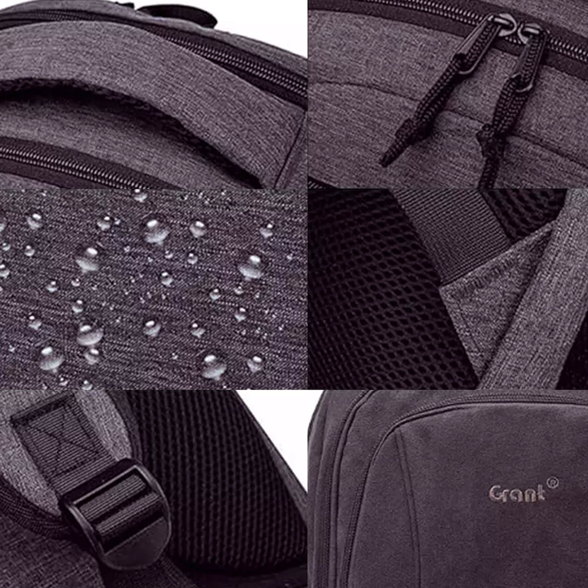 Detail crops of the grey Grant backpack: water beading on the fabric, the mesh back panel, the strap buckle and the embossed Grant mark