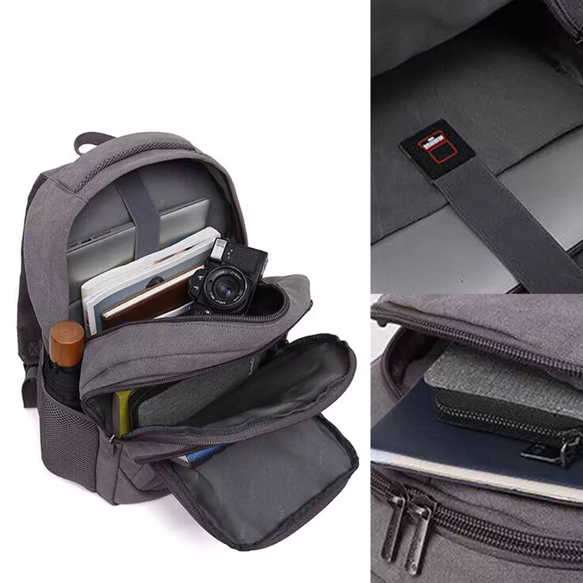 Grant laptop backpack in grey open and packed with books and a camera, with the laptop sleeve shown alongside