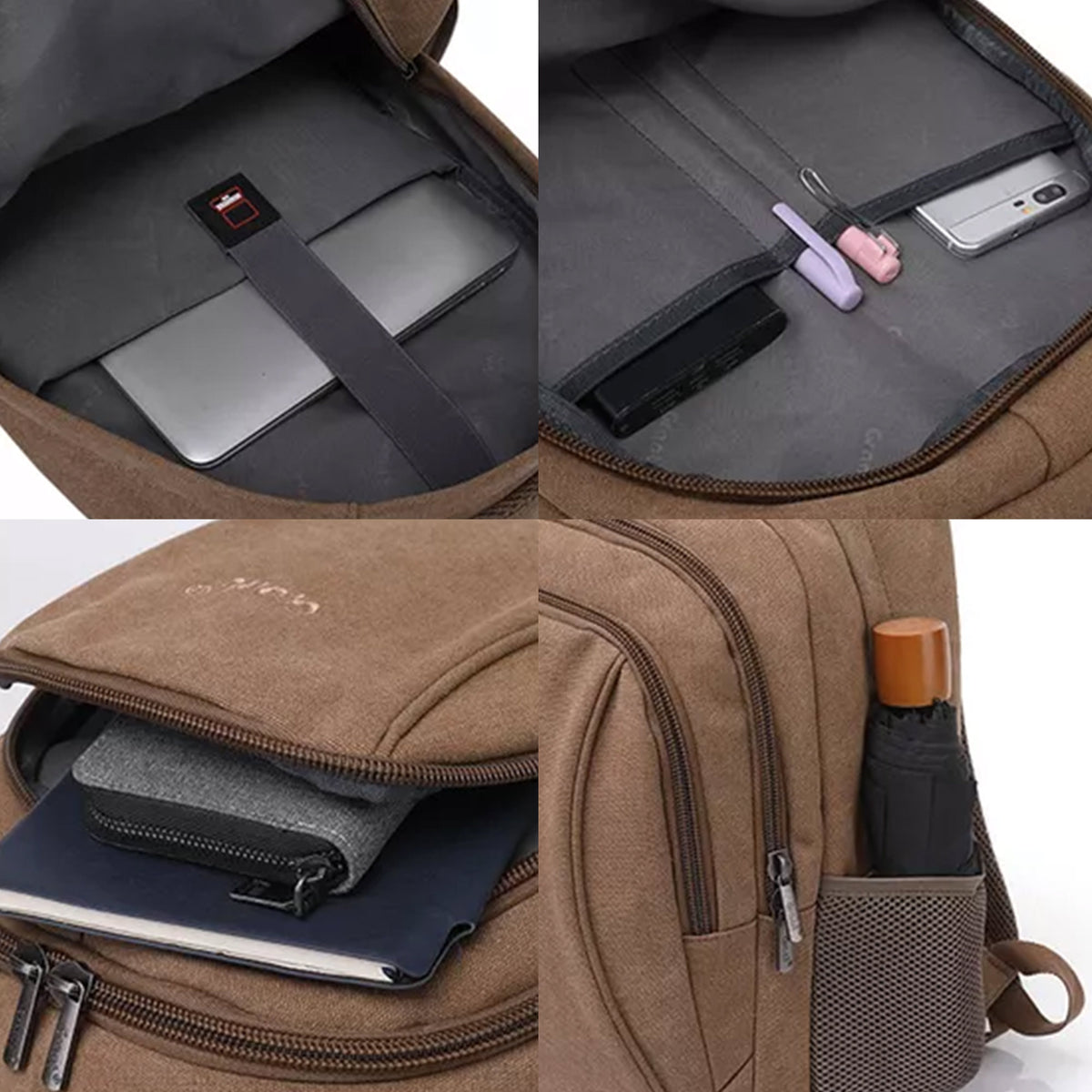 Inside the brown Grant laptop backpack: a padded laptop sleeve, a small items pocket, the packed main compartment and a bottle in the side pocket
