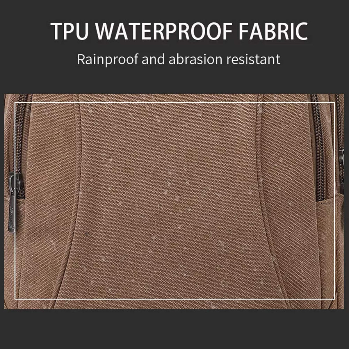 Water droplets beading on the TPU treated fabric of the Grant backpack, described by the maker as rainproof and abrasion resistant
