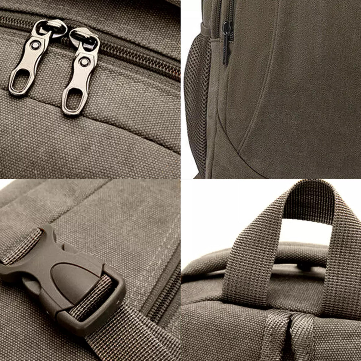 Detail crops of the khaki Grant backpack: the zip pulls, the side zip, the strap buckle and the top grab handle