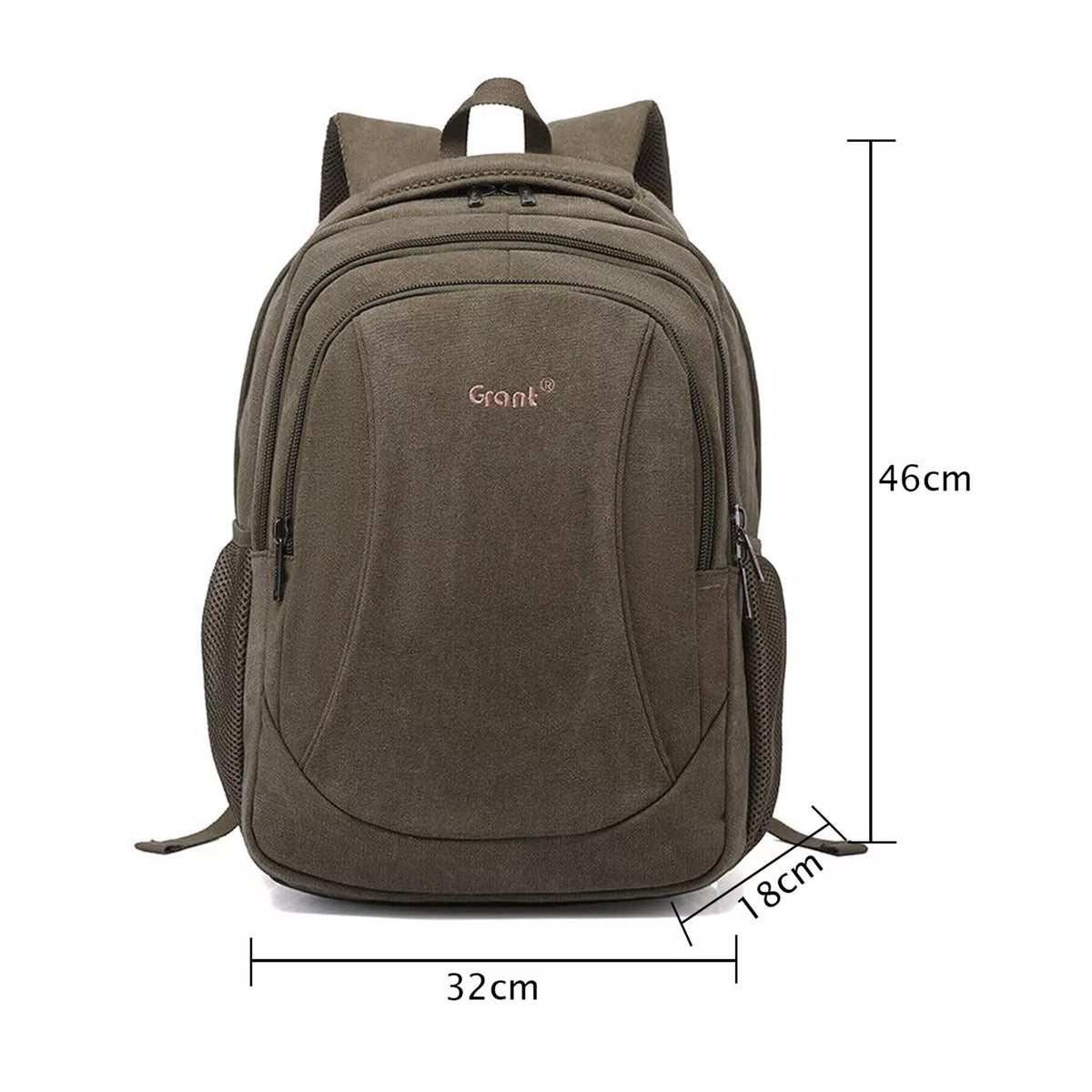 Grant laptop backpack in olive green canvas with dimensions, 32 cm wide by 18 cm deep by 46 cm tall