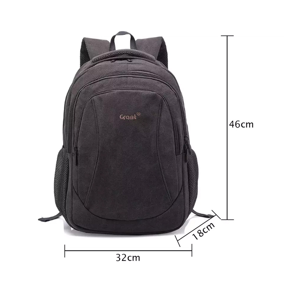 Grant laptop backpack in dark grey canvas with dimensions, 32 cm wide by 18 cm deep by 46 cm tall