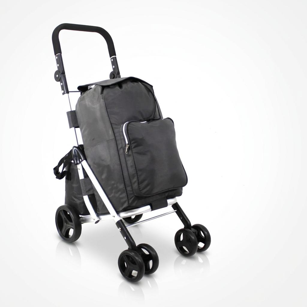 Ezzyrol 50L shopping trolley with its removable bag unclipped and hanging from the aluminium frame