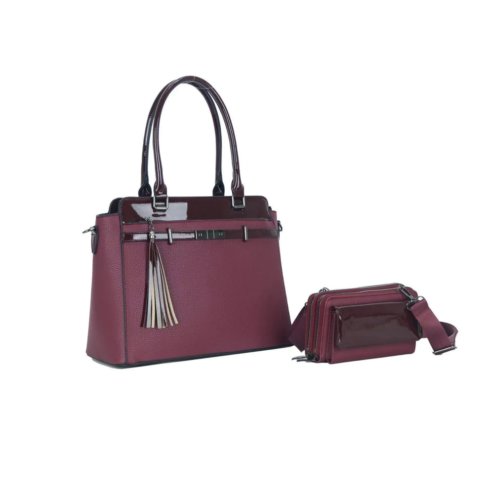 Purple handbag with a matching smaller pouch on a white background