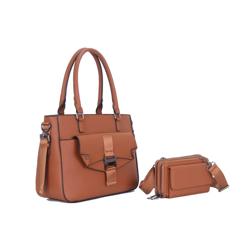 Brown handbag and matching smaller pouch on a white background
