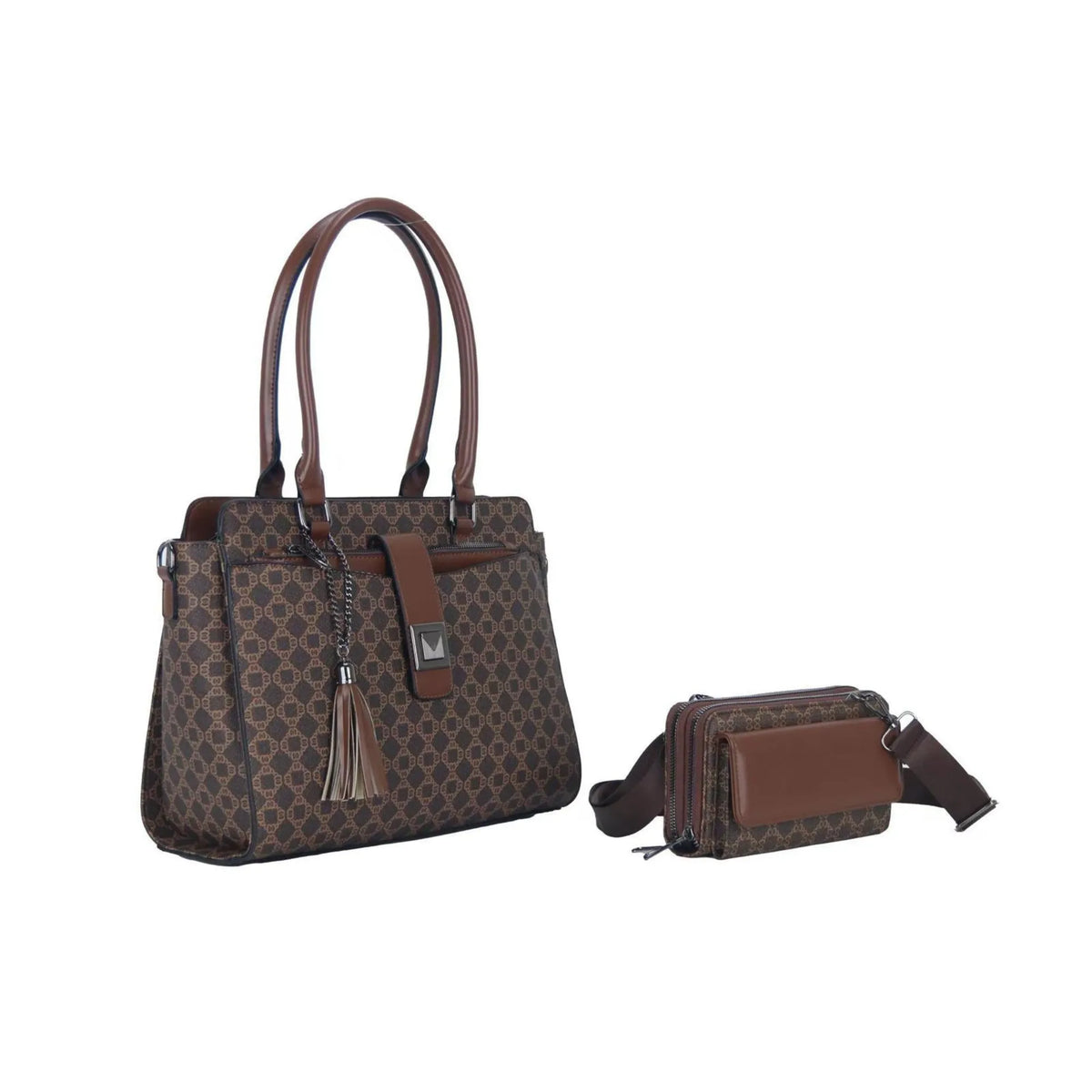 Brown patterned handbag with matching wallet on a white background