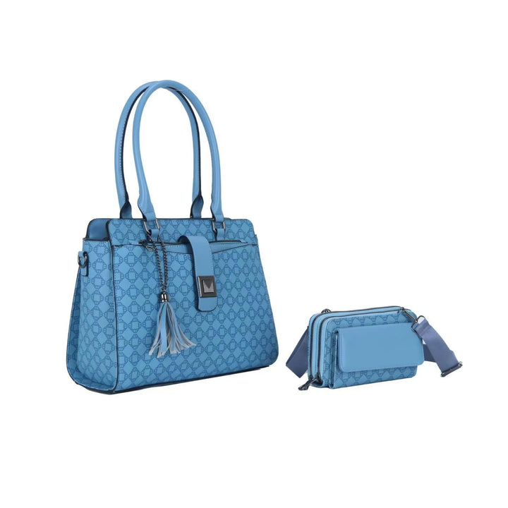 Blue handbag with matching smaller pouch on a white background