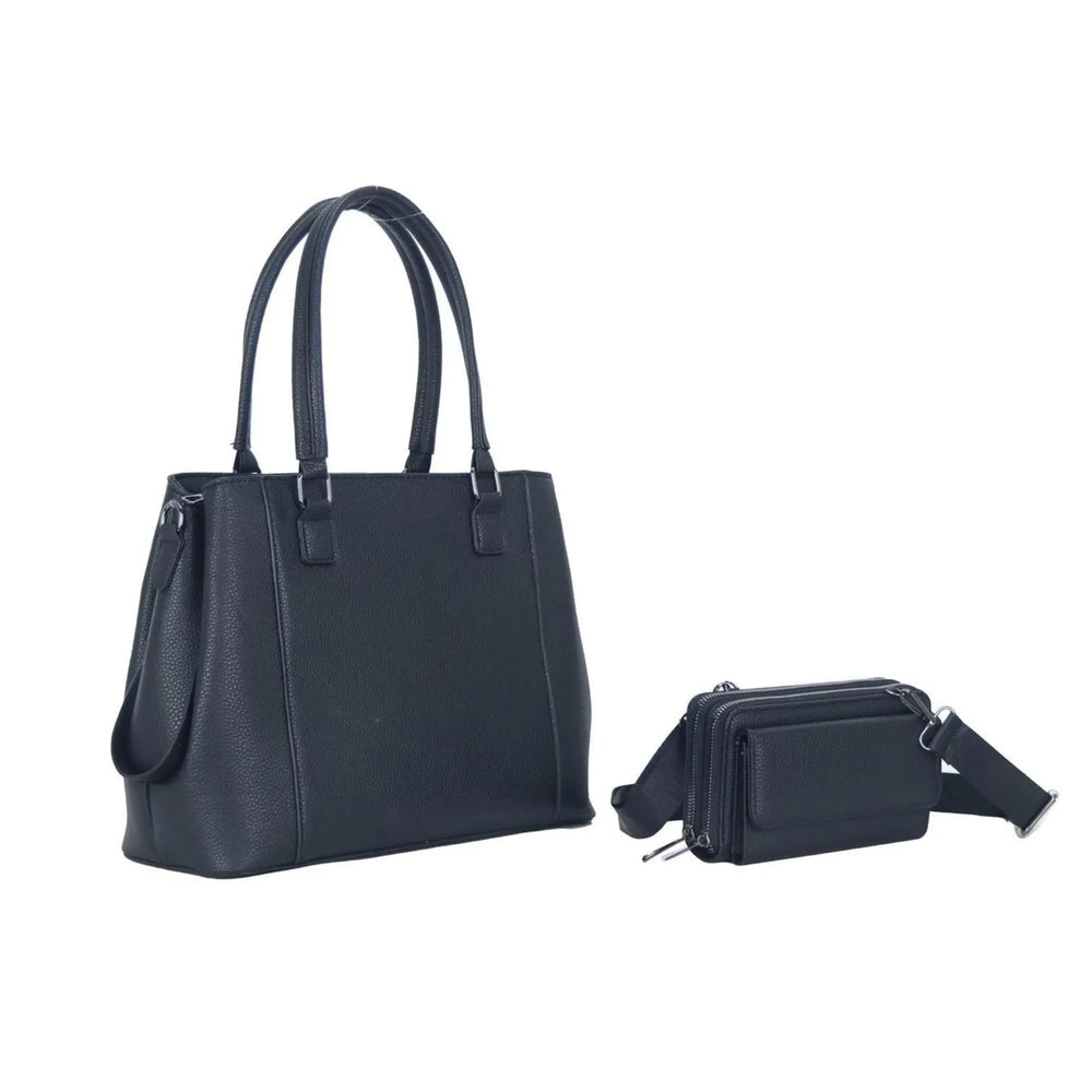 Black handbag and smaller black crossbody bag on a white background
