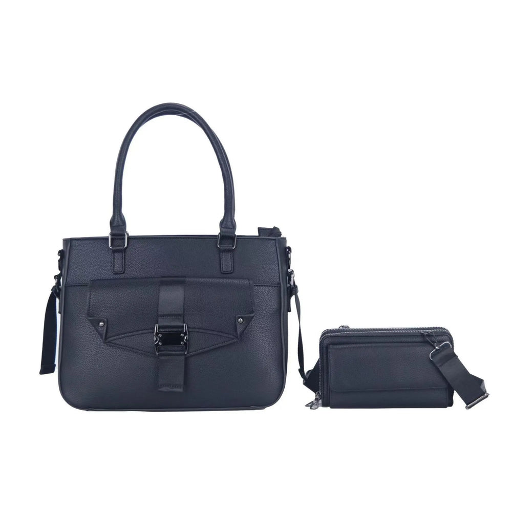 Black handbag with matching smaller pouch on a white background