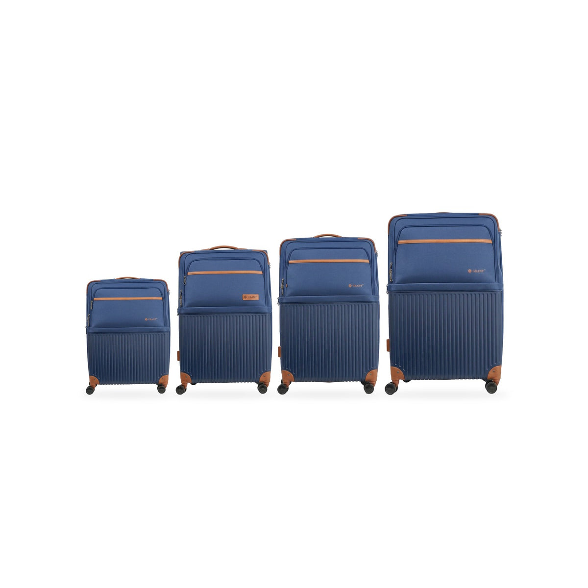 Designer in blue, every size shown to scale from its listed measurements