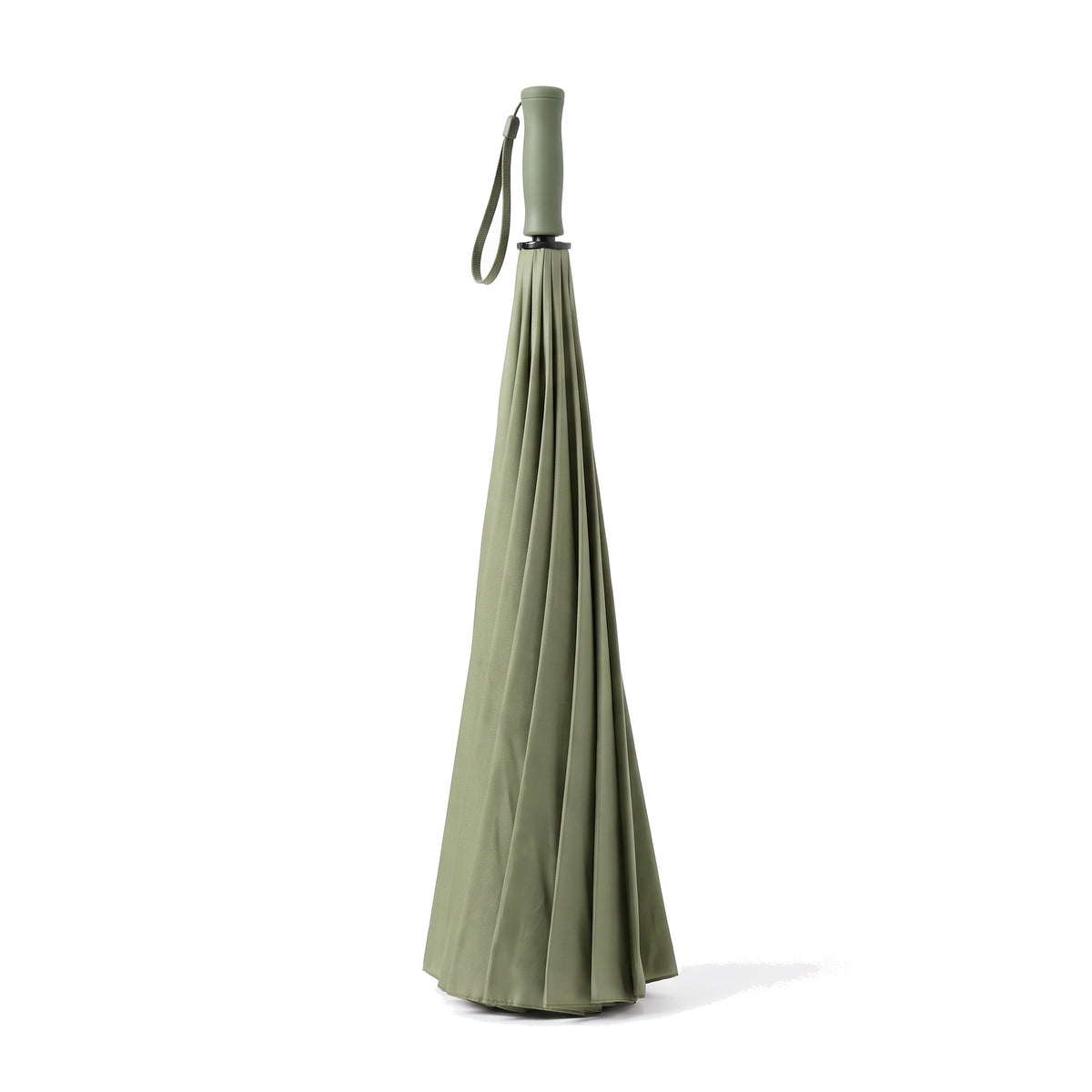 Ezzyrol Sovereign long stick umbrella in green standing closed with the canopy gathered